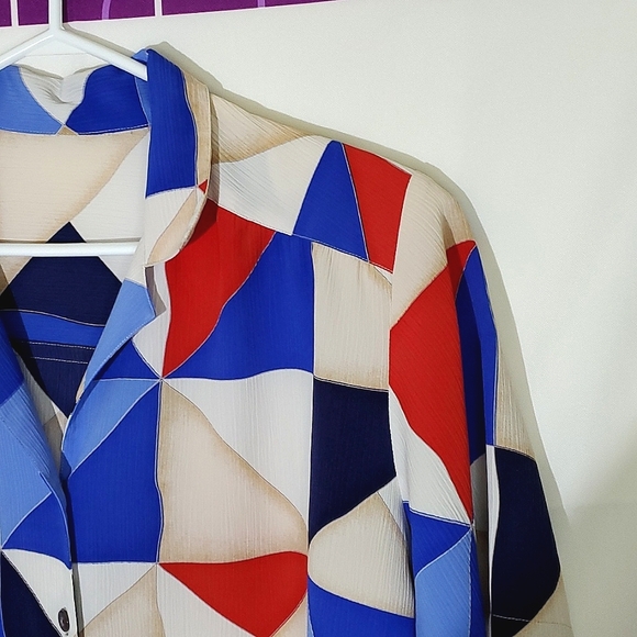 Allison Daley Blue/Red/White/Cream Lightweight Abstract Button-Up Blouse - Sz 16 - Picture 3 of 13